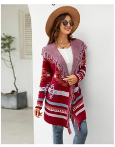 Red bohemian style geometric knit cardigan featuring stylish long fringe details