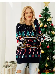 Women's navy blue Christmas knit sweater featuring festive Santa and tree patterns