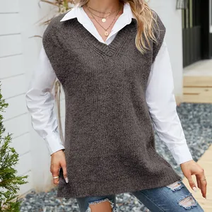 Casual dark grey V-neck knitted vest sweater for women in a loose mid-length style.