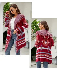 Detailed views of a boho hooded long cardigan with red geometric jacquard and tassels.