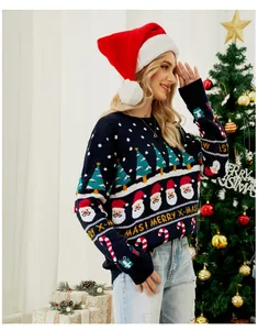 Close-up of navy blue women's Christmas knit sweater with Santa and tree patterns