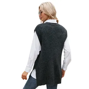 Oversized dark gray sleeveless V-neck knit vest sweater for autumn winter