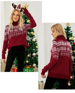 Detailed views of the red Christmas turtleneck sweater with snowflake jacquard patterns.