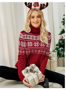 Festive red Christmas sweater with snowflake pattern worn by model in holiday setting