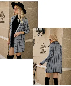 Vues détaillées de l'avant et de l'arrière du long cardigan en maille grise à carreaux