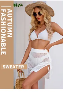 Sexy white hollow out mesh mini skirt with side drawstring and slit detail for women