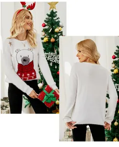 Detailed front and back views of white fuzzy Christmas sweater with polar bear embroidery