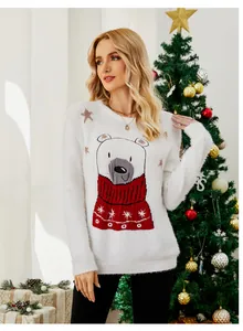 Detailed view of white Christmas knit sweater with cute polar bear embroidery design