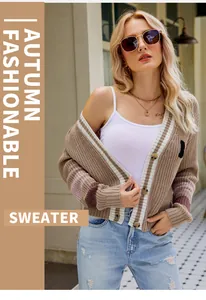 Detailed view of women's V-neck knitted cardigan with color-block sleeves and stripes