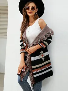 Womens boho style geometric jacquard long hooded cardigan with fringe hem details