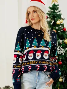 Festive navy blue knit sweater featuring Santa and Christmas tree patterns for women's holiday.