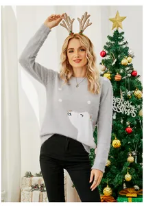 Detailed view of a soft grey Christmas sweater featuring a cute polar bear motif
