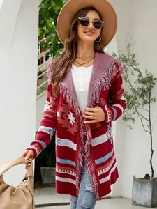 Bohemian style long knit cardigan with fringe edges and geometric jacquard patterns