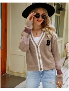 Fashionable preppy style V-neck loose knit cardigan featuring a distinctive letter B patch