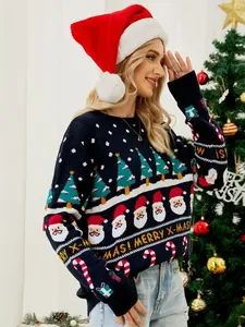 Cozy navy blue Christmas tree and Santa pattern knit pullover sweater for women