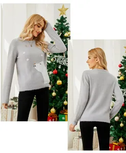 Grey Christmas knit sweater with cute polar bear embroidery, front and back detail view