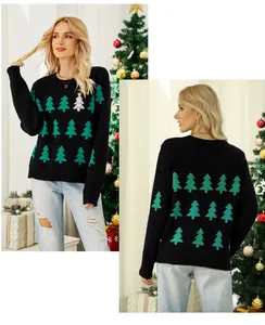 Gedetailleerde weergave van zwarte kersttrui met jacquard kerstboompatroon