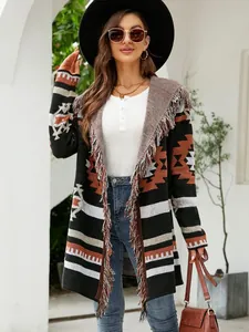 Women's long-sleeved geometric knit cardigan with fringe trim and bohemian pattern