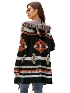 Long hooded cardigan featuring ethnic geometric pattern and tassel details for women