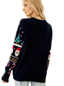 Navy blue women's Christmas knitted sweater featuring festive Santa and tree patterns
