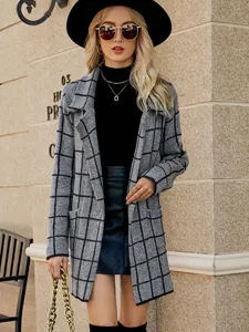 Chic élégant cardigan long en maille à carreaux gris avec col à revers pour femmes