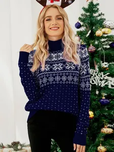 Festive women's navy blue turtleneck Christmas sweater with white snowflake pattern