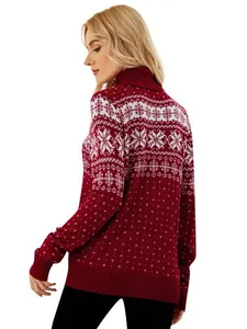 Red turtleneck Christmas sweater featuring white snowflake jacquard patterns for women