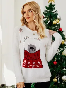 Festive white fuzzy Christmas sweater featuring a cute cartoon bear embroidery