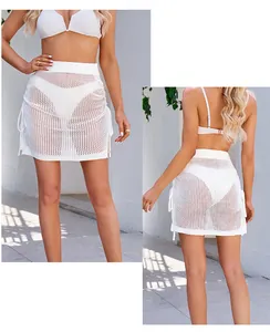 Detailed front and back views of sexy white mesh mini skirt with side drawstrings