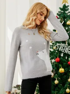 Elegant grey fuzzy Christmas sweater with a cute polar bear embroidery for women