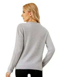 Elegant women's light gray fuzzy knit sweater with long sleeves and crew neck back view