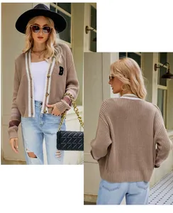 Front and back view of a camel V-neck varsity knit cardigan with B patch logo
