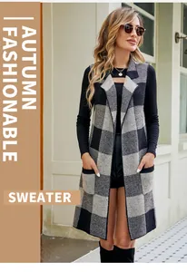 Detail shot of elegant long sleeveless plaid knit cardigan featuring suit lapel collar