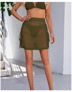 Sexy olive green mesh see-through mini skirt with drawstring details for summer beachwear