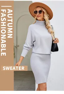 Elegant light grey turtleneck bodycon knitted dress perfect for a chic autumn fashion look.