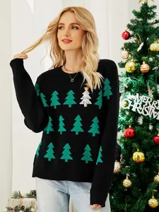 Feestelijke zwarte dames gebreide trui met kerstboom jacquard motief en pailletten details