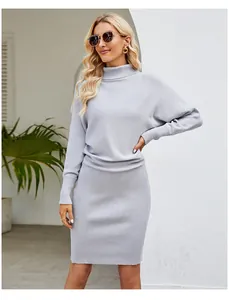 Elegant minimalist grey turtleneck knit sweater and ribbed pencil skirt set for women