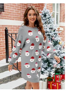 Vestido de punto gris navideño para mujer con lindos estampados de Papá Noel de peluche