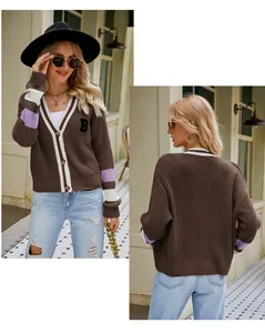 Front and back view of a brown V-neck knit cardigan with preppy letter B patch.