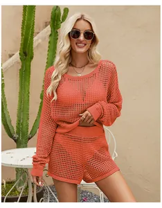 Ensemble deux pièces en tricot ajouré corail pour femme avec haut long et short