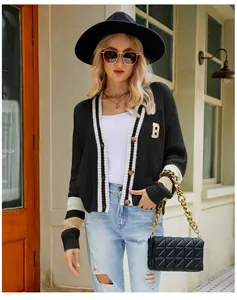 Stylish black V-neck oversized cardigan with white stripes and gold B-patch detail