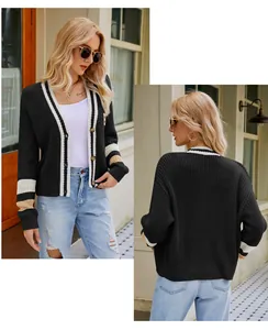 Women's V-neck knit cardigan featuring white stripe trim and color-blocked cuffs on sleeves