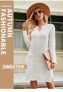 Cable knit midi sweater dress in white with side split and long sleeves for autumn