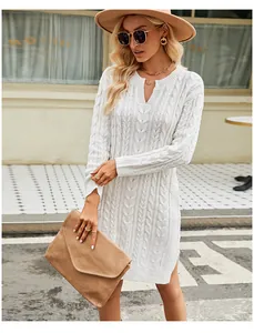 Full view of stylish white cable knit midi dress featuring side slit and elegant V-neckline