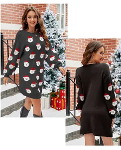 Vestido de punto negro navideño con estampado de Papá Noel, vista frontal y posterior