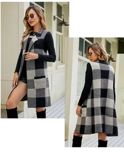 Front and back view of a long checkered sleeveless knit cardigan with a lapel collar.