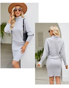 Close-up of light gray high-neck knitted dress showing front and back views.