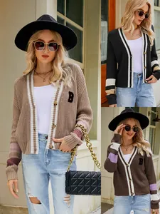 Women Preppy Style V-Neck Knitted Cardigan Sweater Oversized Loose Acrylic Contrast Stripe Patchwork Letter Patch Button Up Top