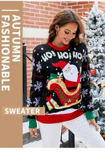 Detailed view of festive women's Christmas sweater featuring Santa embroidery and snowflakes