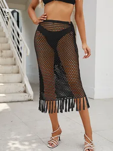 Falda Maxi Sexy de Acrílico Calado para Mujer Color Sólido Flecos Cordones Transparente Bodycon Falda de Playa Cruzada
